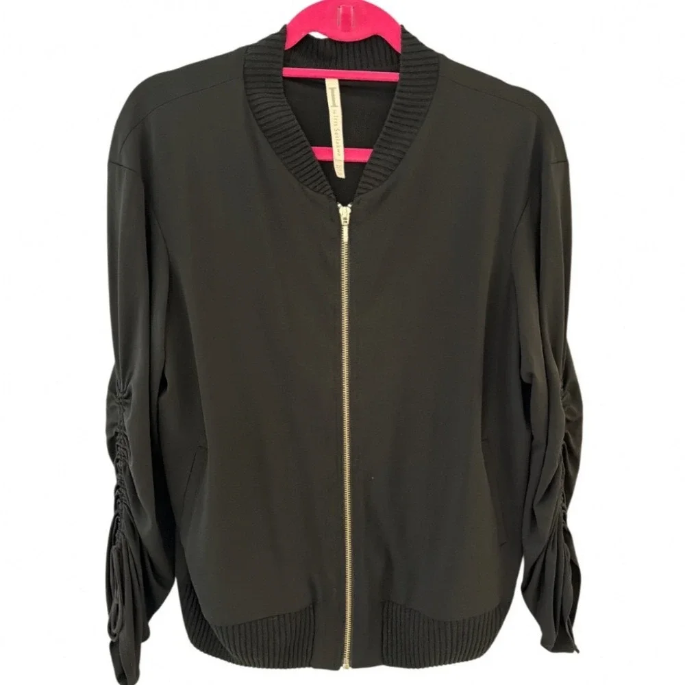 I by Iris Setlakwe Women Large Black Ruched Sleeve Full‎ Zip Bomber Jacket